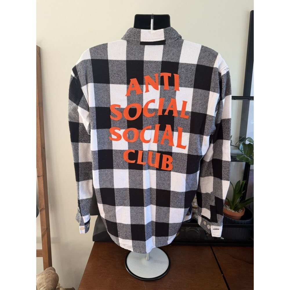 Anti Social Social Club Black White Buffalo Plaid Flannel Shirt Orange Logo M
